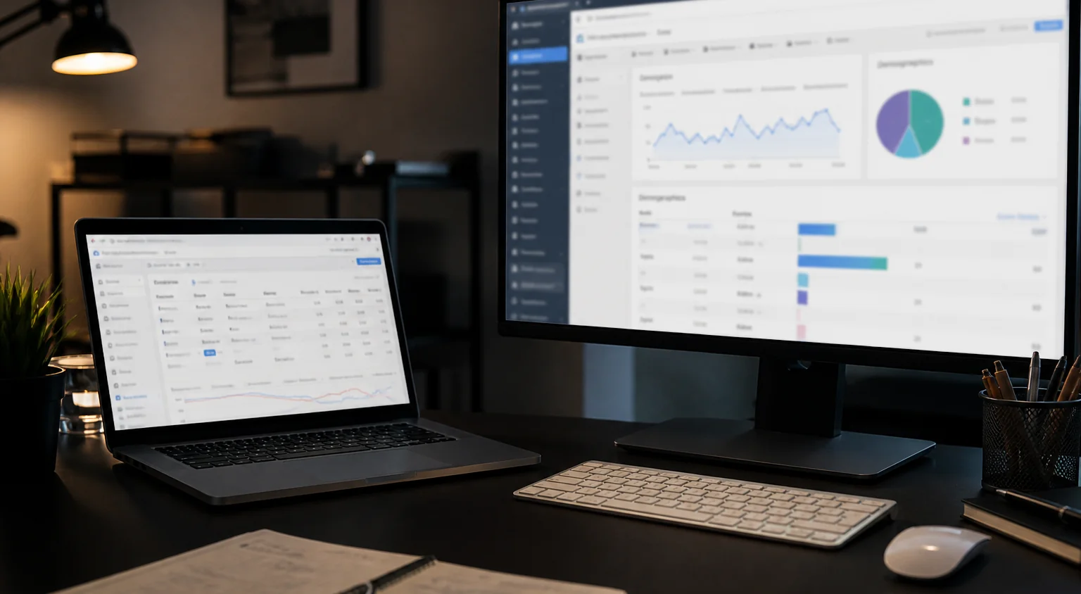 Dual screens showing blurred advertising dashboards in a professional office