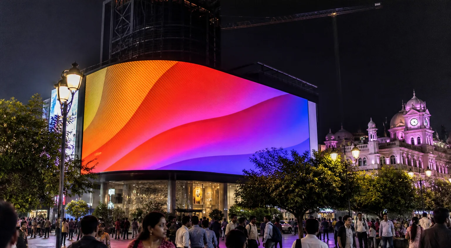 People walking past a large LED screen in an Indian city at night