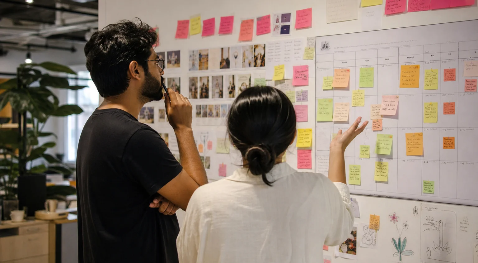 A planning wall of sticky notes and a monthly calendar in a creative office