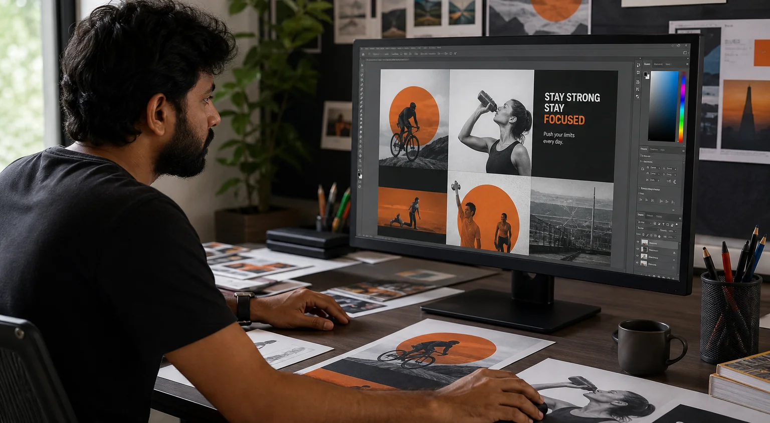 A designer creating campaign visuals on a large monitor