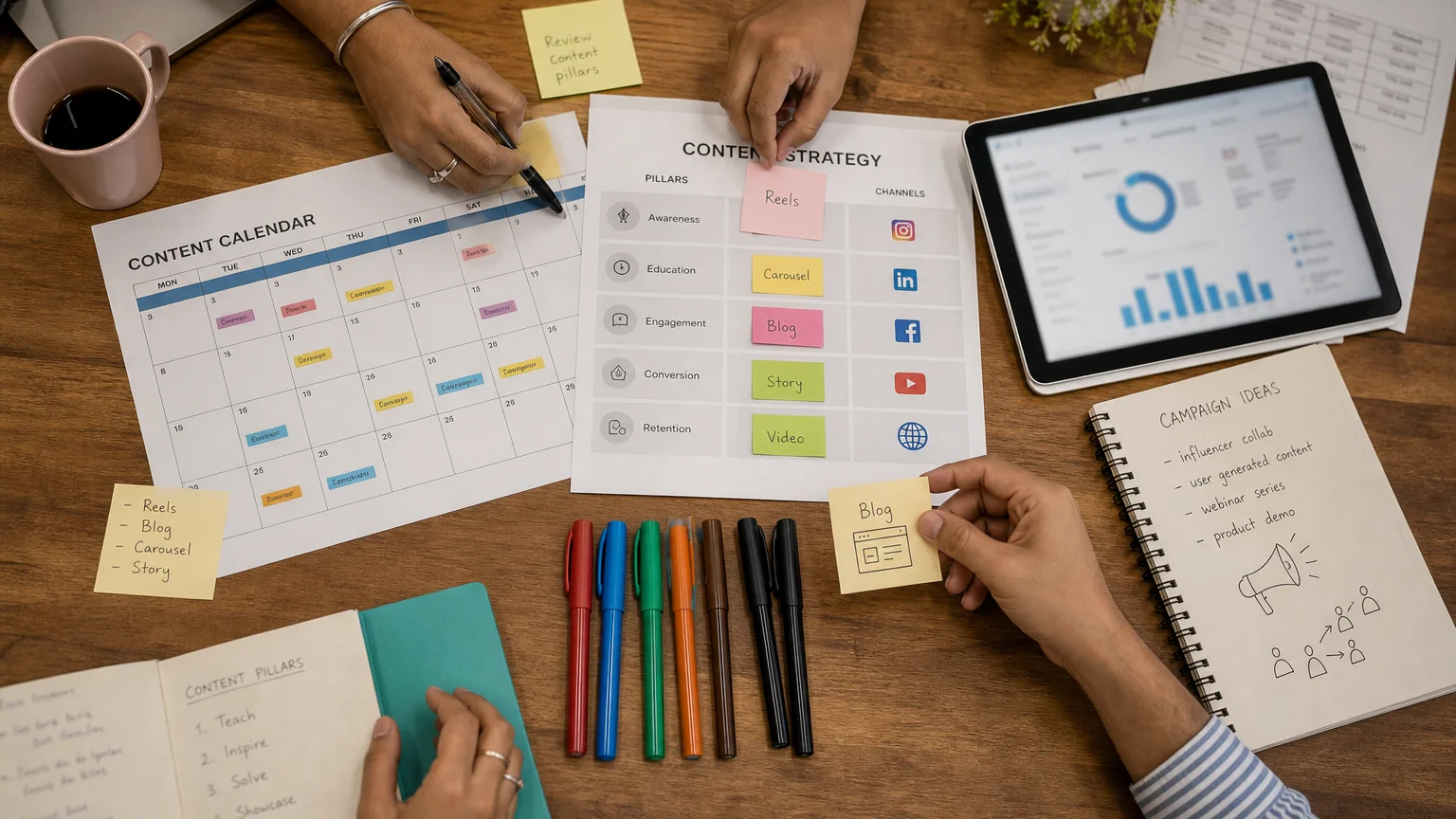 An overhead desk of content calendars, markers and a tablet used for campaign planning