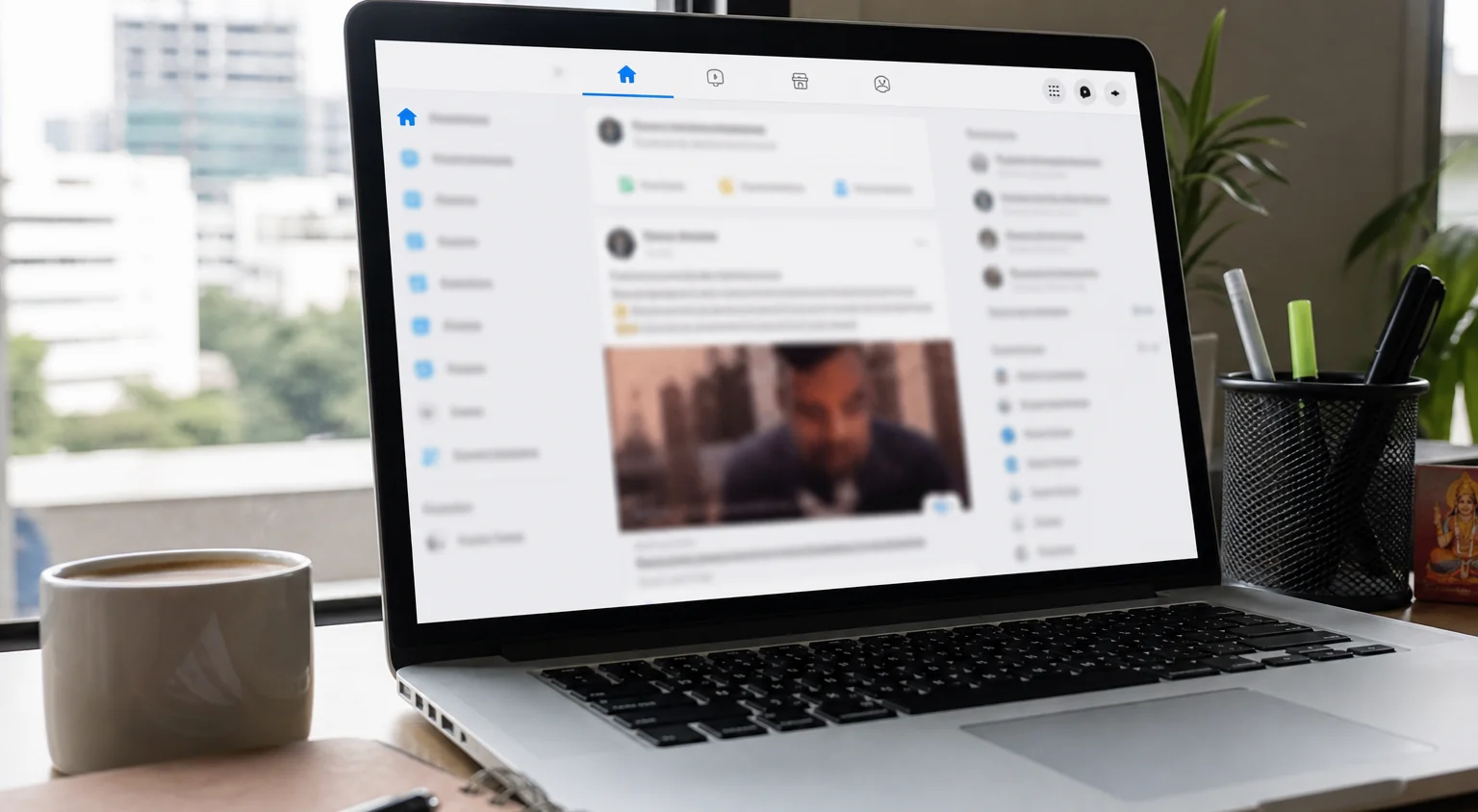 A laptop showing a social media dashboard in office daylight