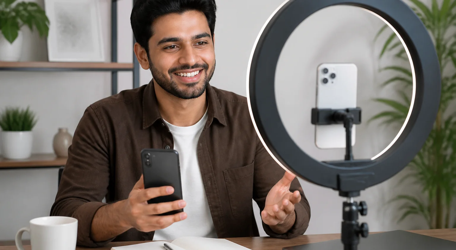 A marketer filming social content at a studio desk with a ring light