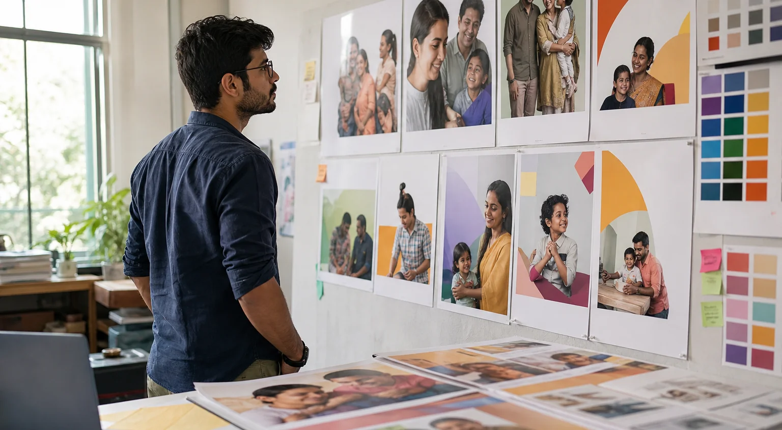 A designer reviewing printed campaign posters and colour swatches in a studio