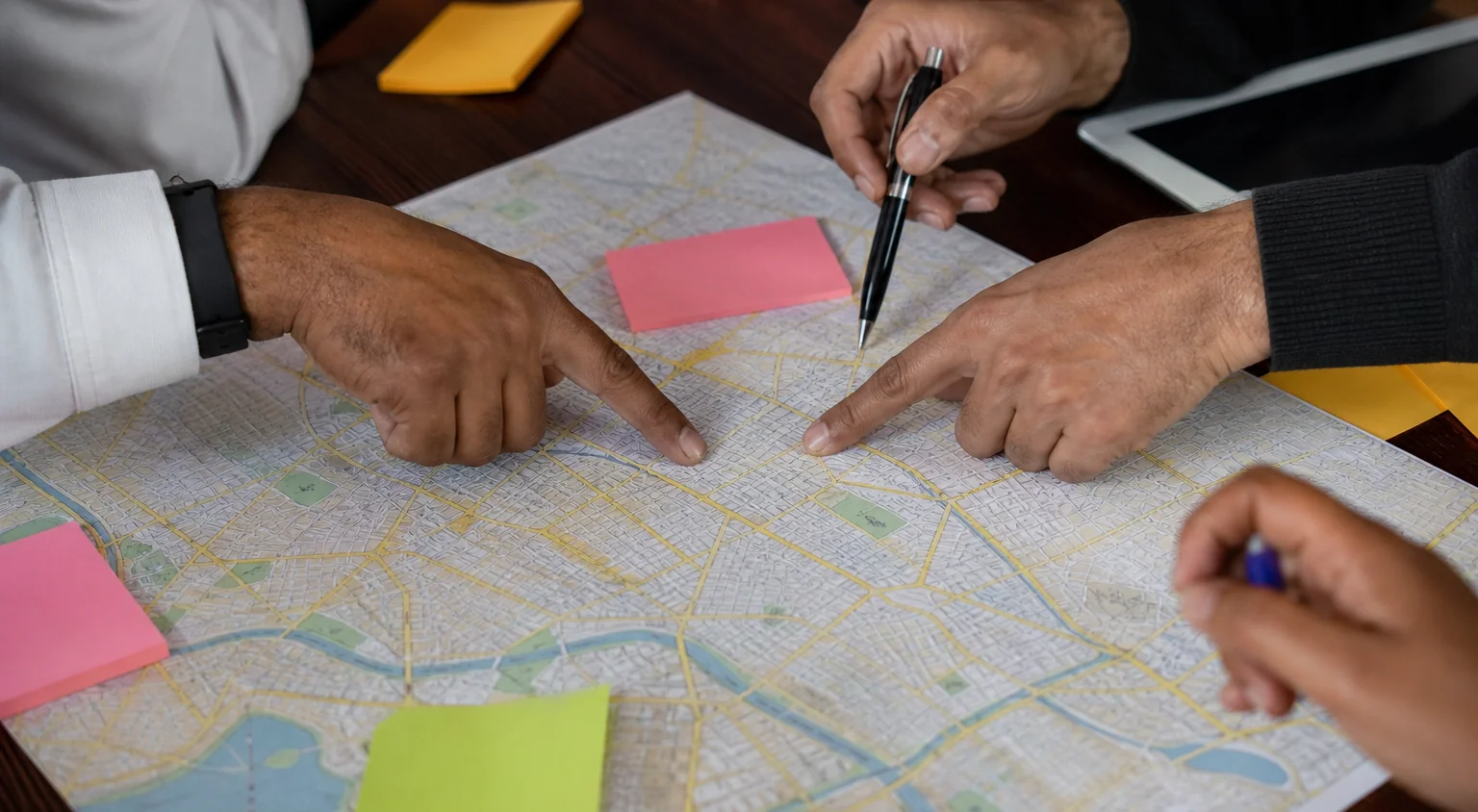 Hands pointing at a printed street map during campaign planning