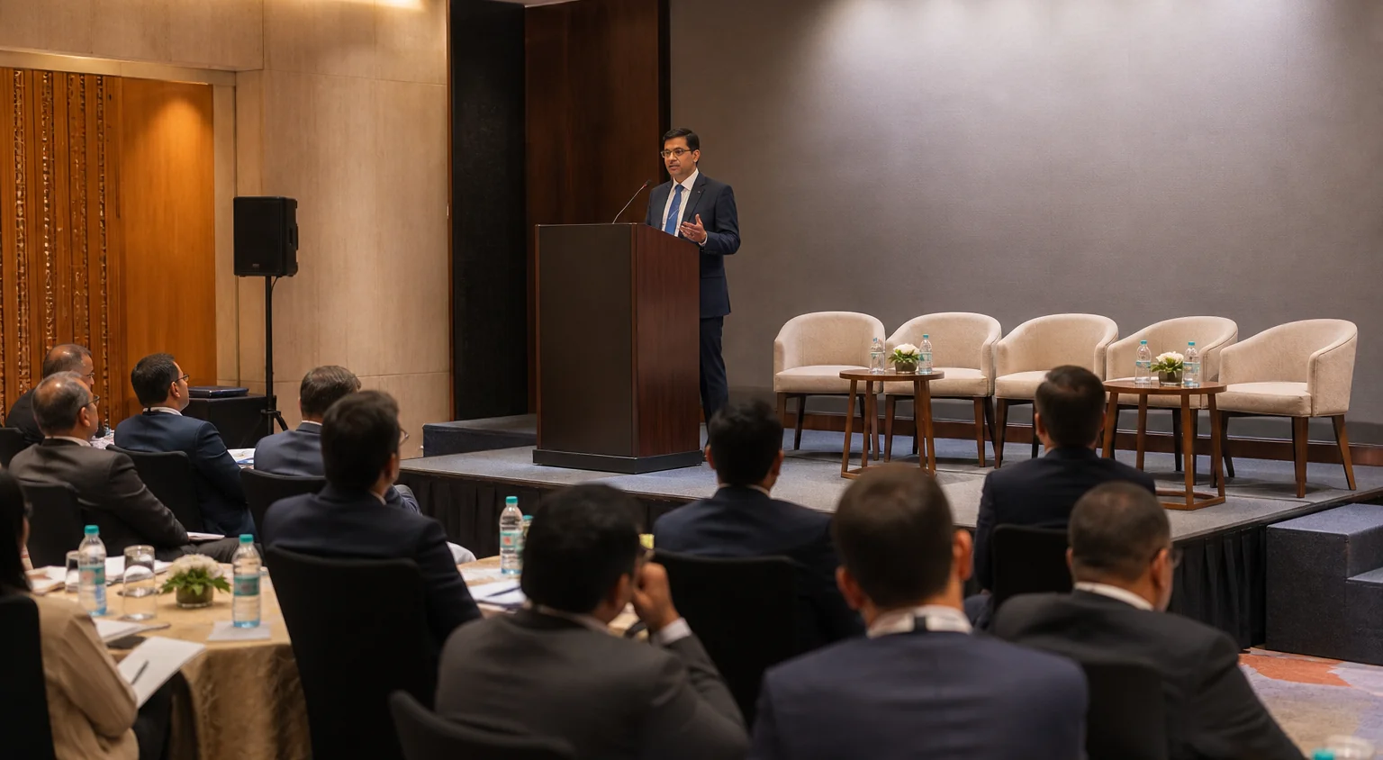 A corporate conference with a speaker on a podium and seated attendees