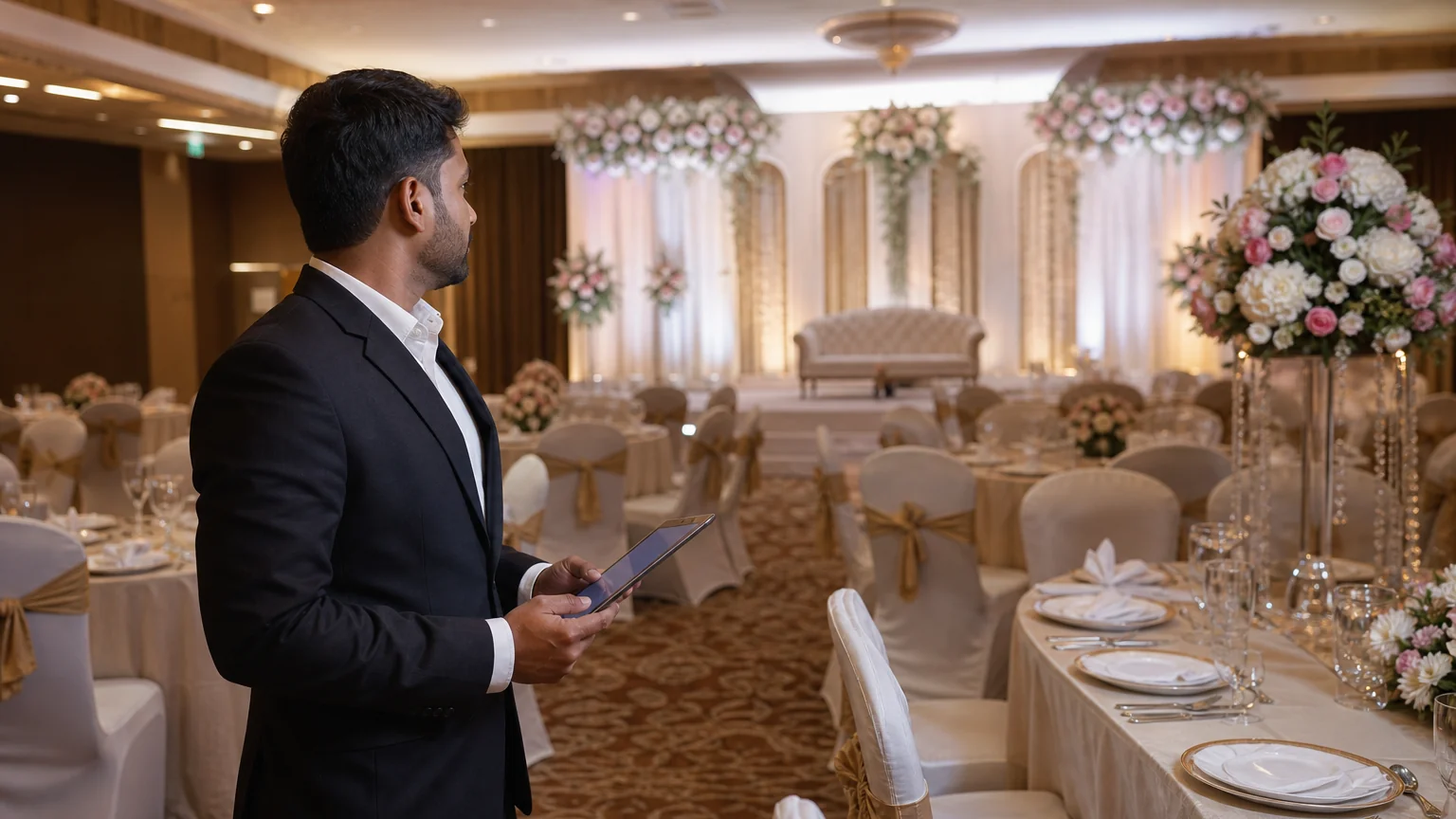 An event manager checking seating and arrangements in a banquet hall with a tablet