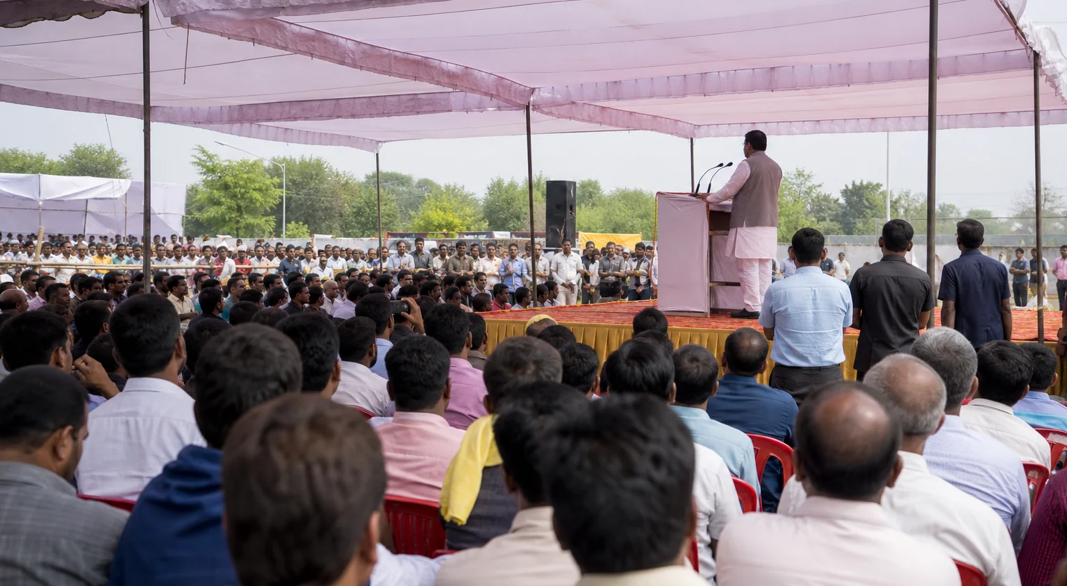 A crowd facing a modest outdoor stage and speaker seen from behind