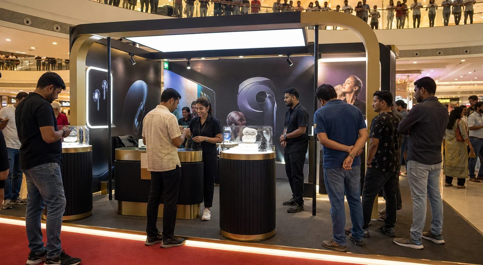 A promotional launch booth in a bright public atrium with visitors