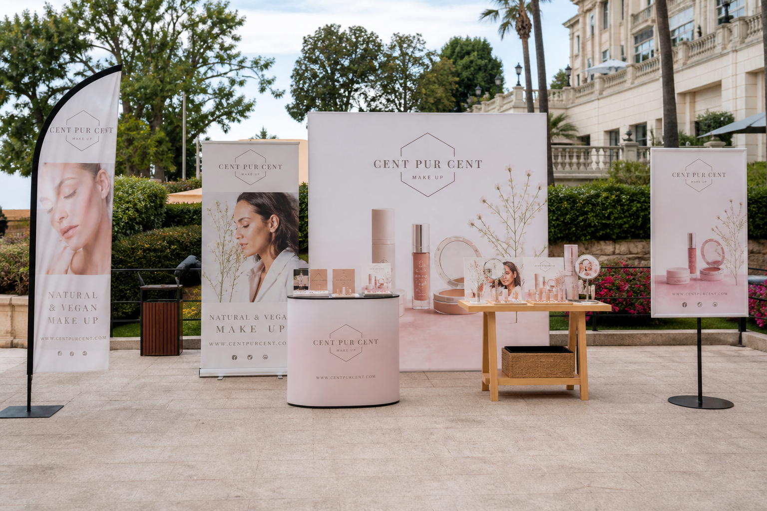 Coordinated high-quality outdoor brand display panels and promotional banners elegantly arranged in an open-air public venue under daylight