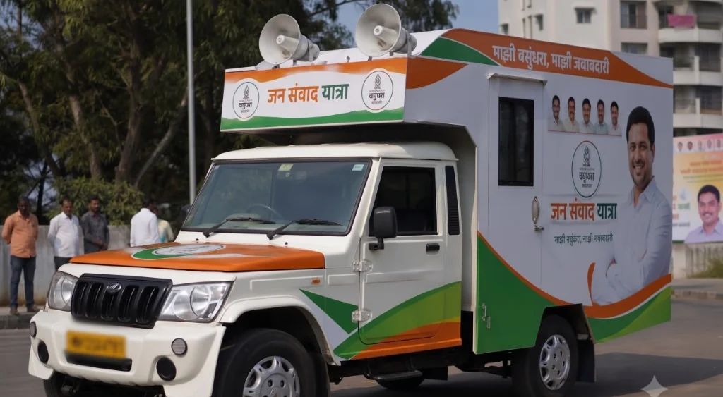 A white Mahindra campaign van with roof loudspeakers and Jan Samvad Yatra branding, parked on a road in daylight