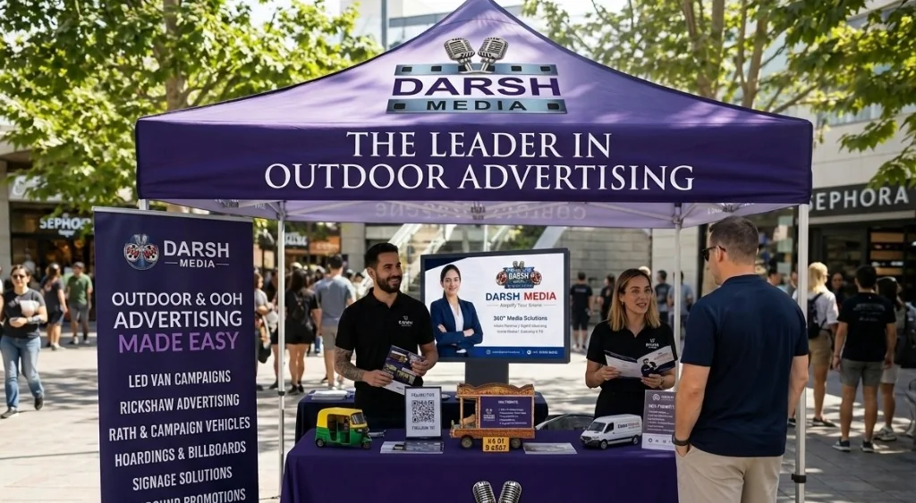 A Darsh Media branded promotional canopy tent and booth with staff, service banners and campaign vehicle models in a busy outdoor plaza