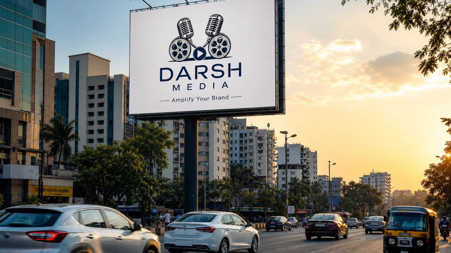 A Darsh Media outdoor billboard above a busy Indian city road at golden hour, with traffic including an auto-rickshaw moving through the street