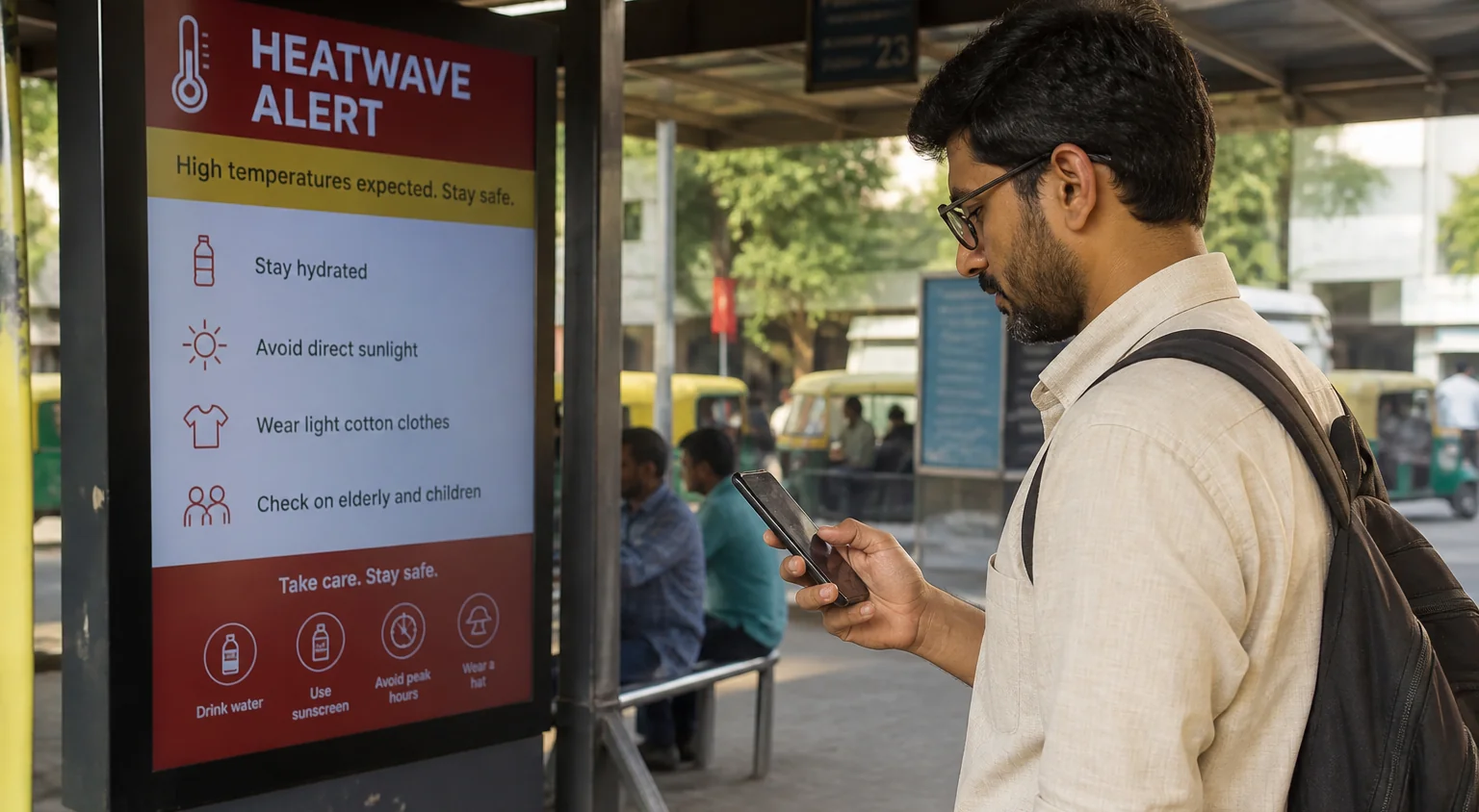 A person checking an alert on their phone at a bus stop