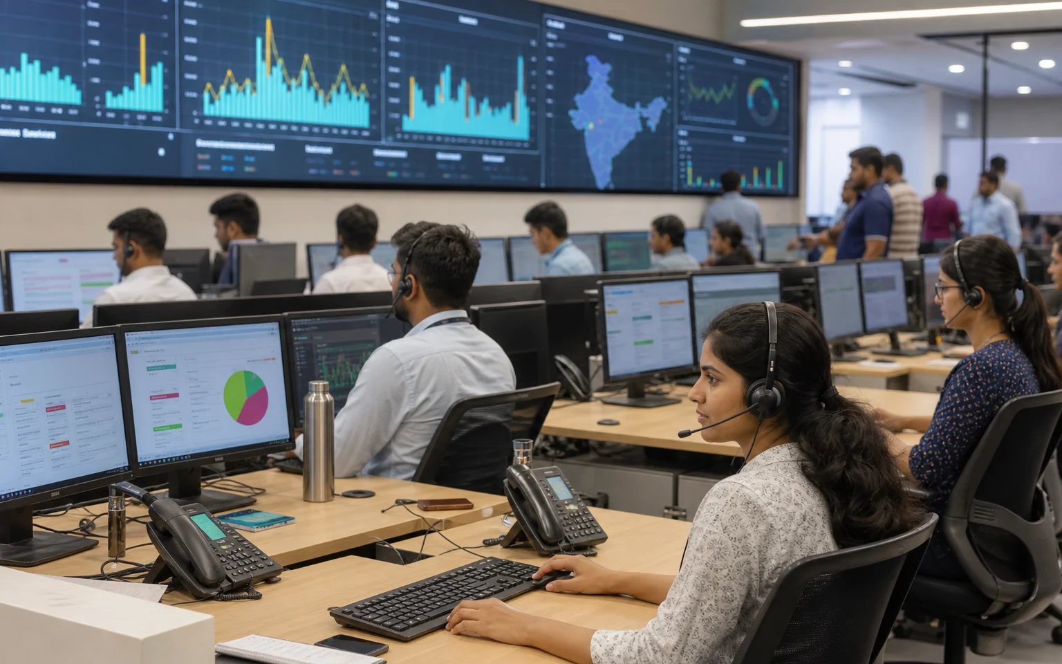 A communications operations room with screens and operators sending outreach messages