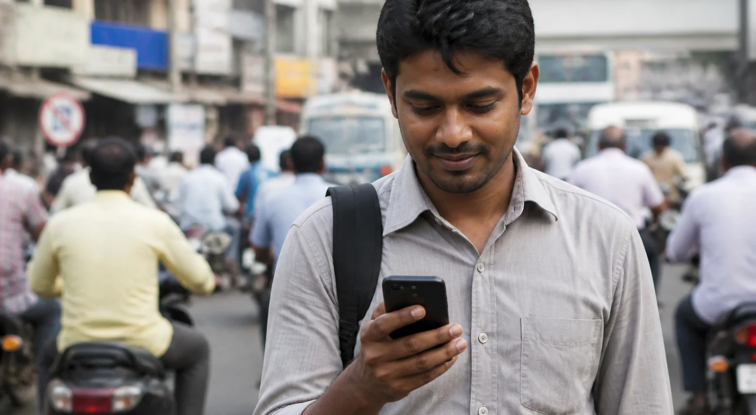 A person checking an SMS notification on a smartphone in a city street