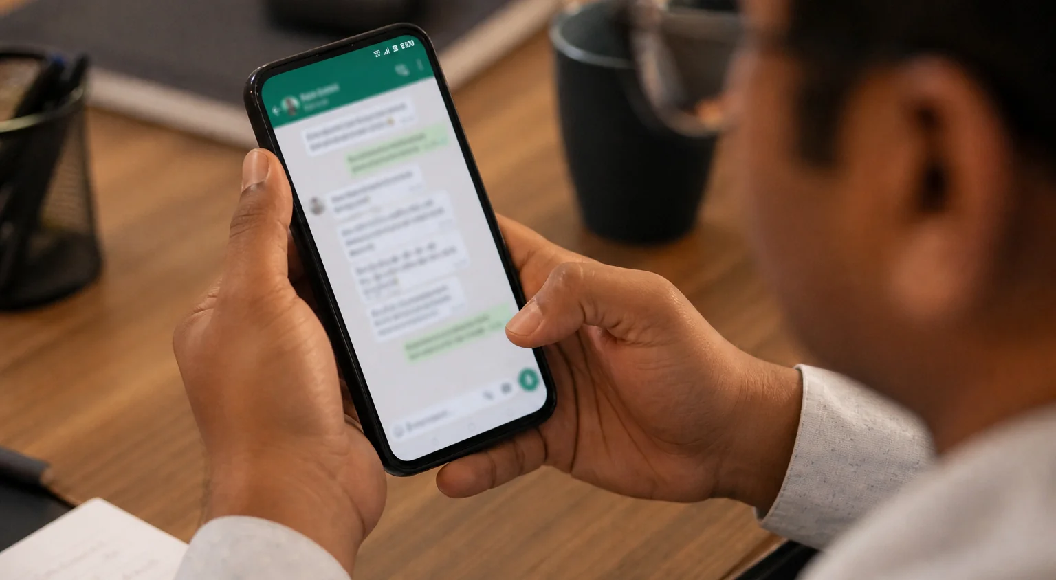 A professional holding a smartphone with a messaging thread on screen