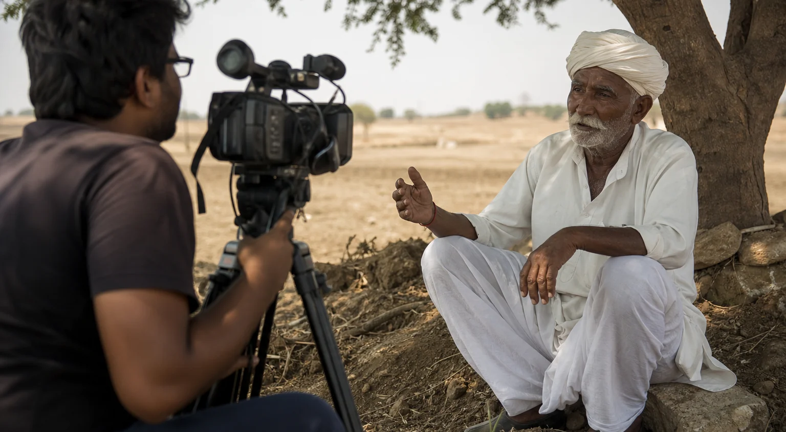 A documentary cinematographer interviewing a farmer in rural India