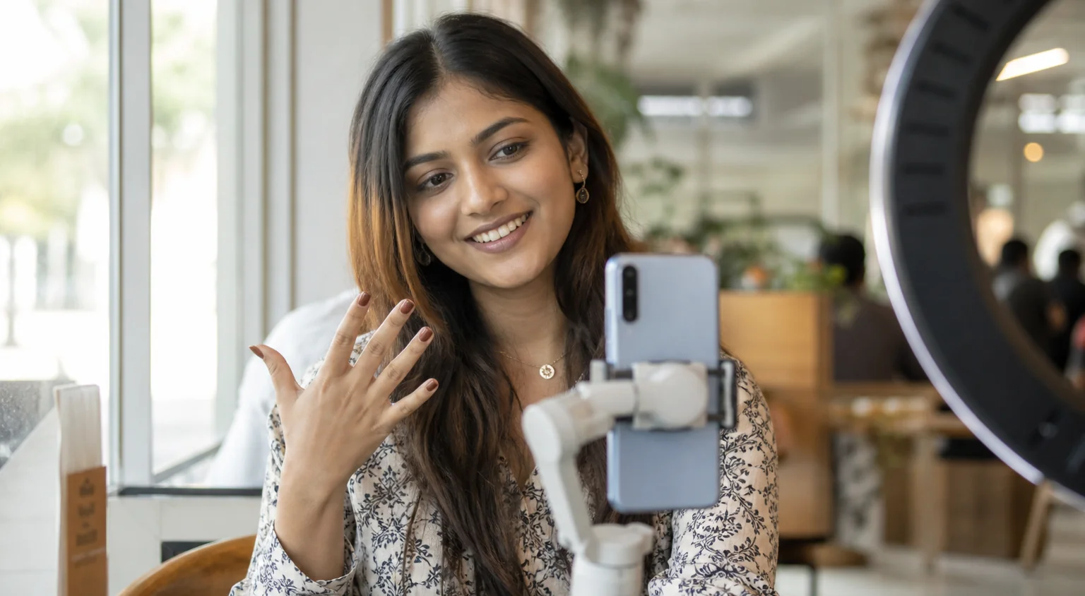 A content creator filming a short-form video with a smartphone gimbal in a bright cafe