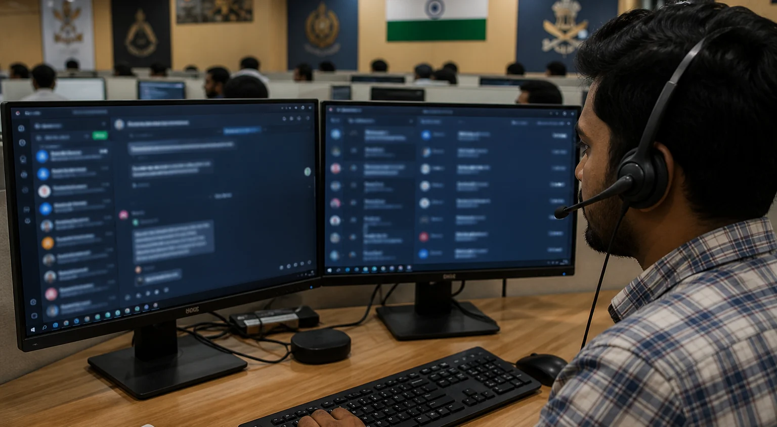 An operator tracking outreach messages on dual monitors with a headset
