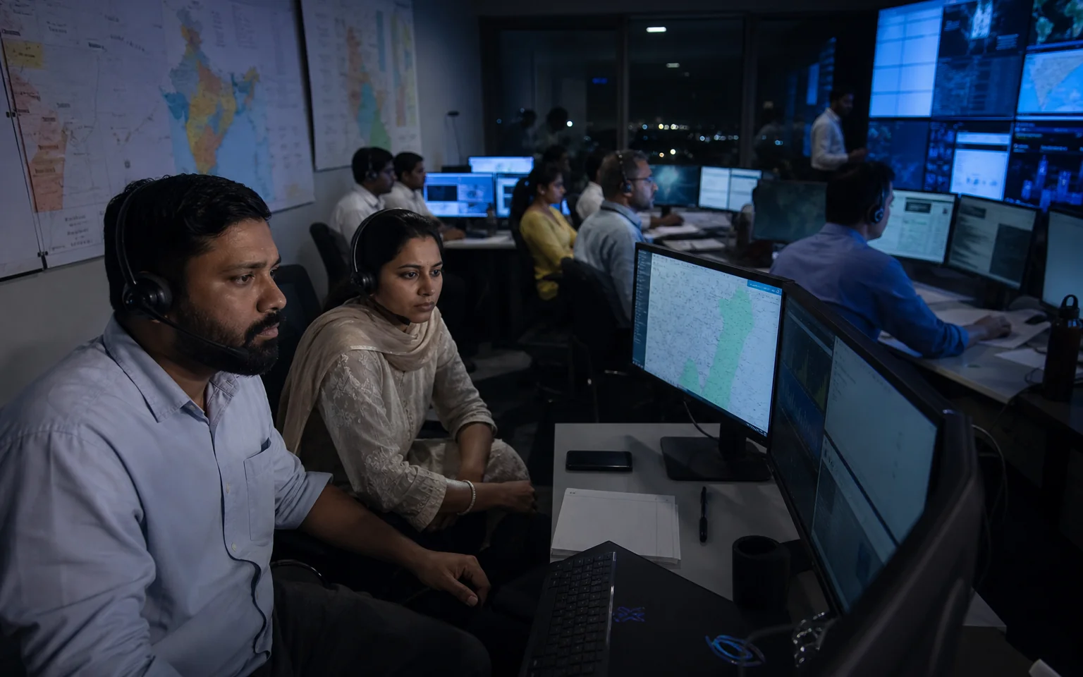 A campaign war room at night with multiple monitors, maps and operators wearing headsets