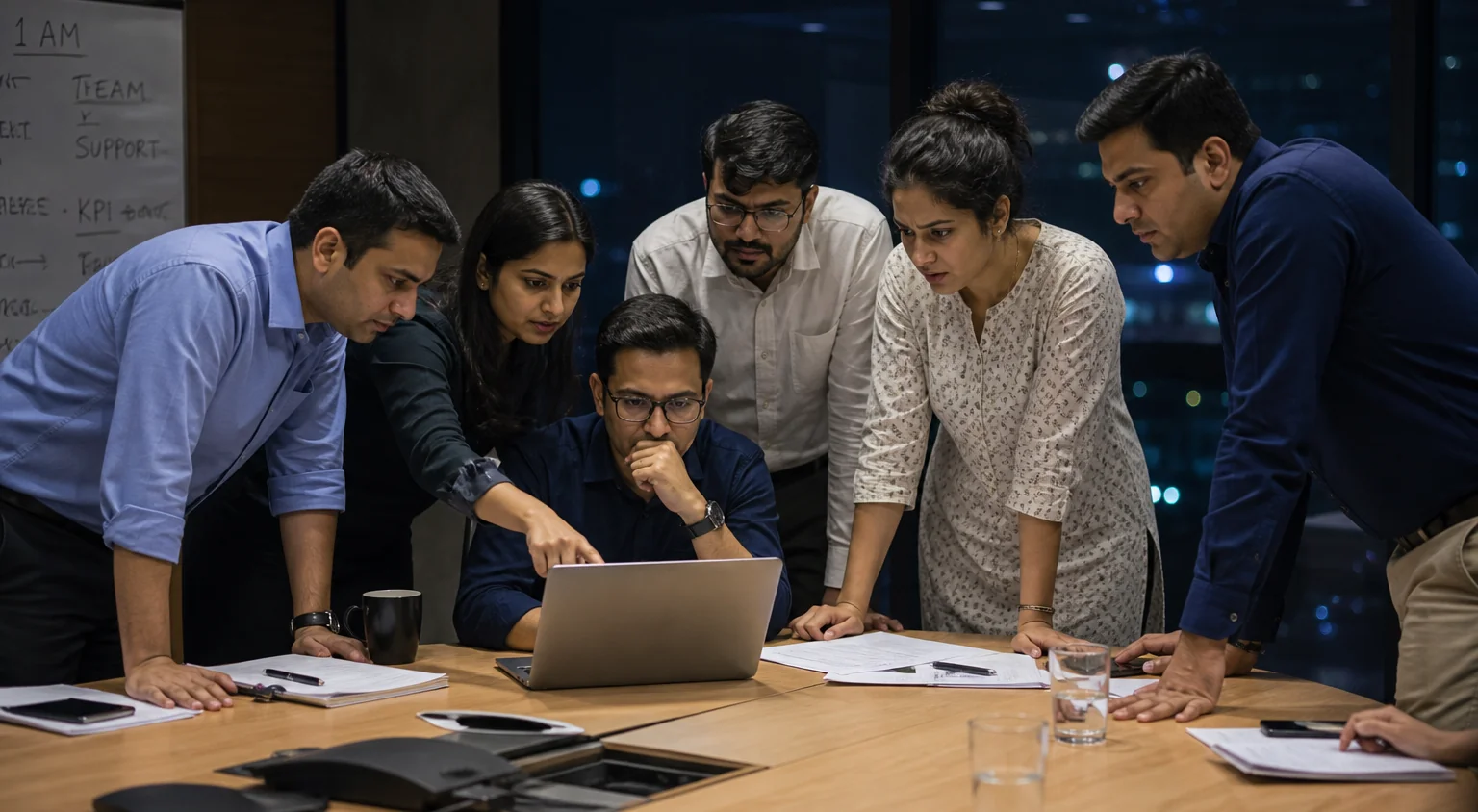 Campaign staff gathered around a laptop during a rapid-response moment