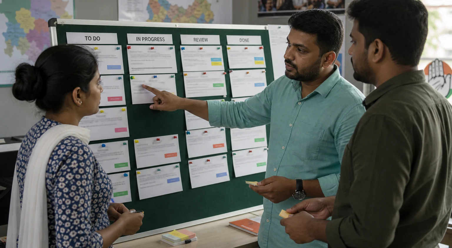 A coordinator assigning work at a task board with colleagues